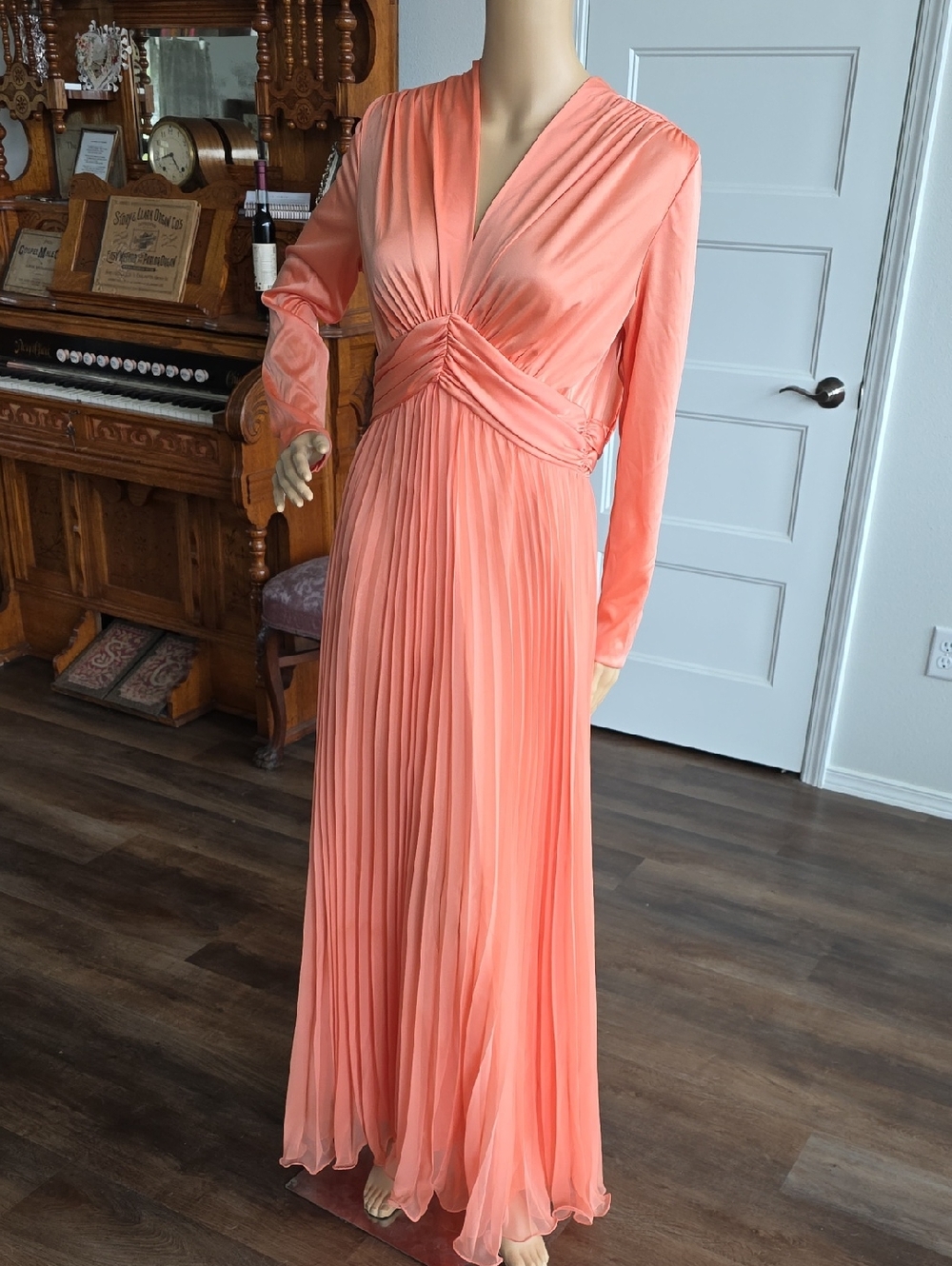 1970s JC Penney Coral Pleated V-Neck Long-Sleeve Maxi Dress - Picture 1 of 9